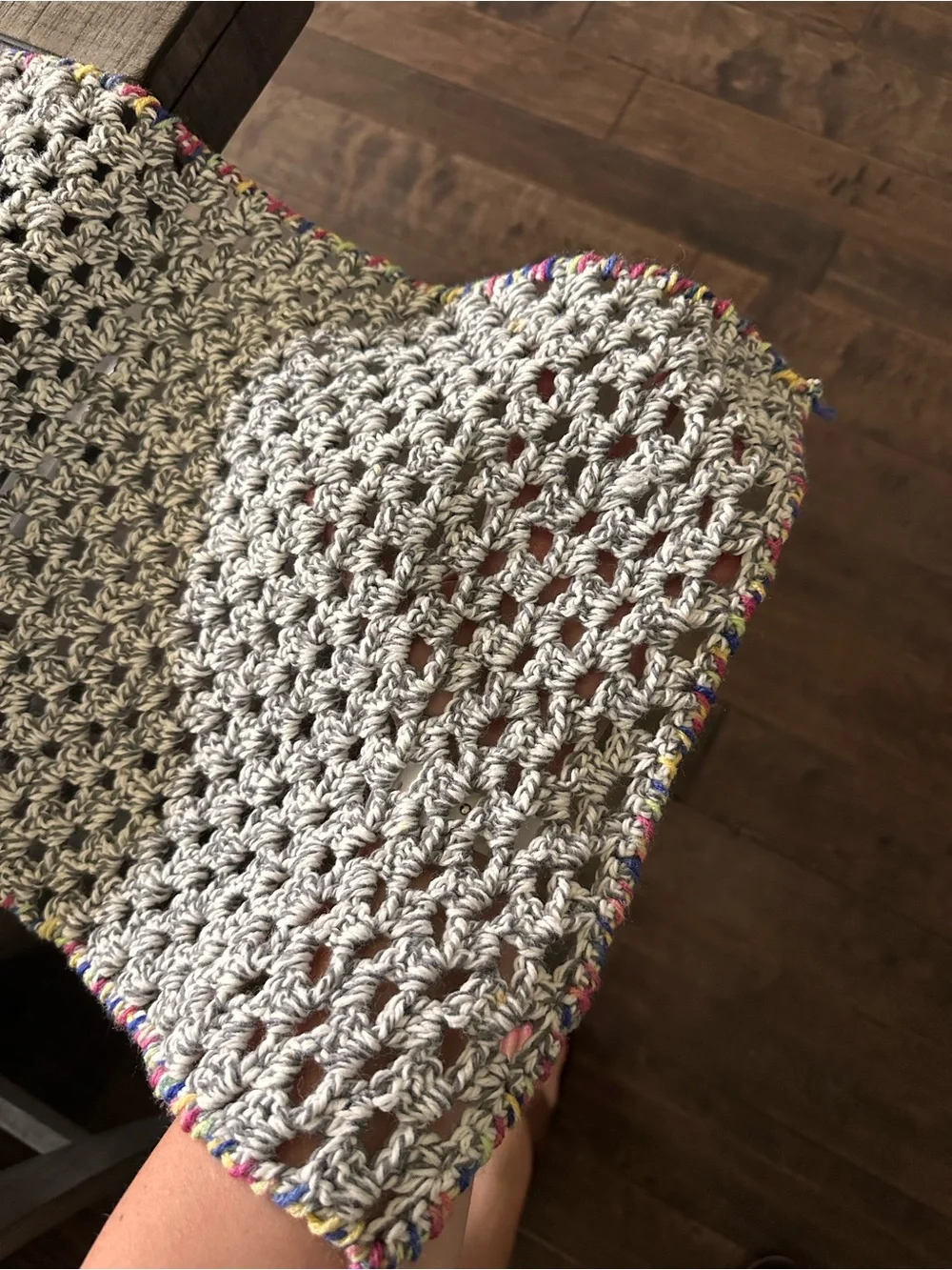 Handmade Crocheted Table Runner in Light Gray with Multicolor Trim